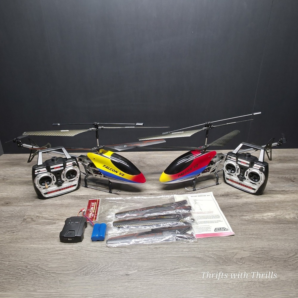 Falcon V2 RC Helicopter Lot - Two Helicopters, Controllers, And Extras